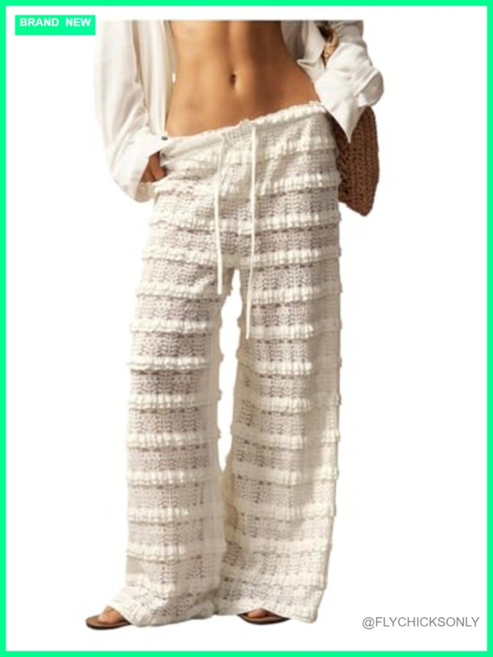 Crochet Lace Mesh Beach Cover Up Pants Wide Leg Drawstring Vacation